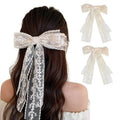Large Lace Hair Bow Clips for Women Girls | Off White Lace Bows for Hair Weighs Only 0.6 Oz | Cute Beige Hair Decor for Wedding Pageant Prom Party Birthday Party Communion Bridal Shower (2 Pack)