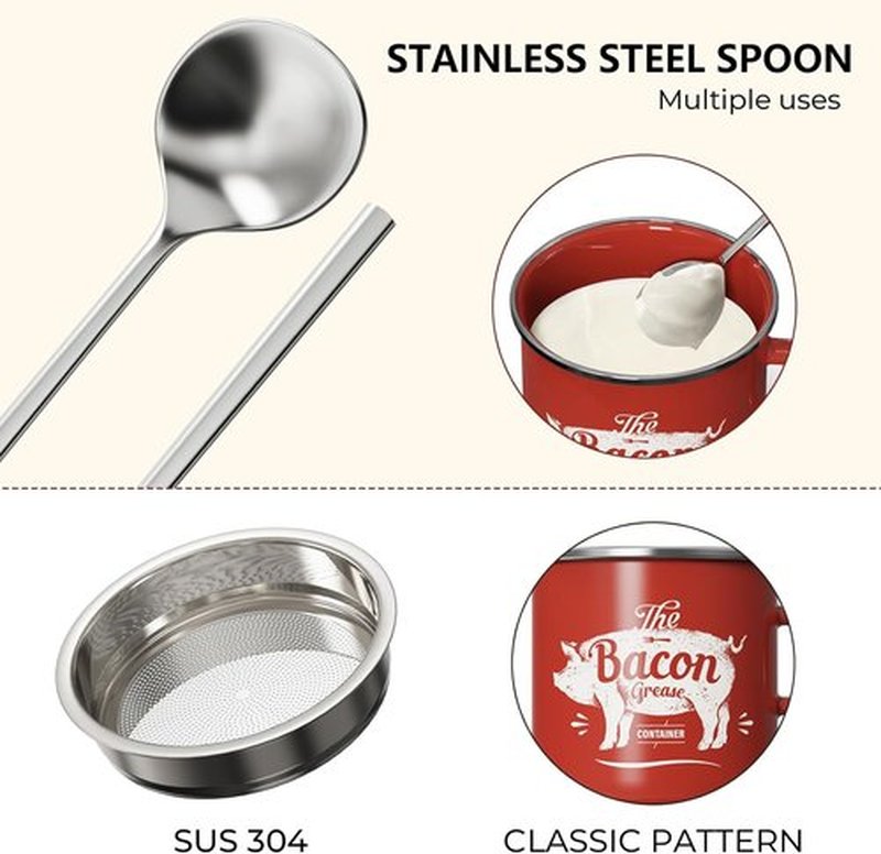 PGYARD Mini Bacon Grease Container - 15oz Enamel Strainer for Kitchen Fat Storage | Dishwasher Safe - Red