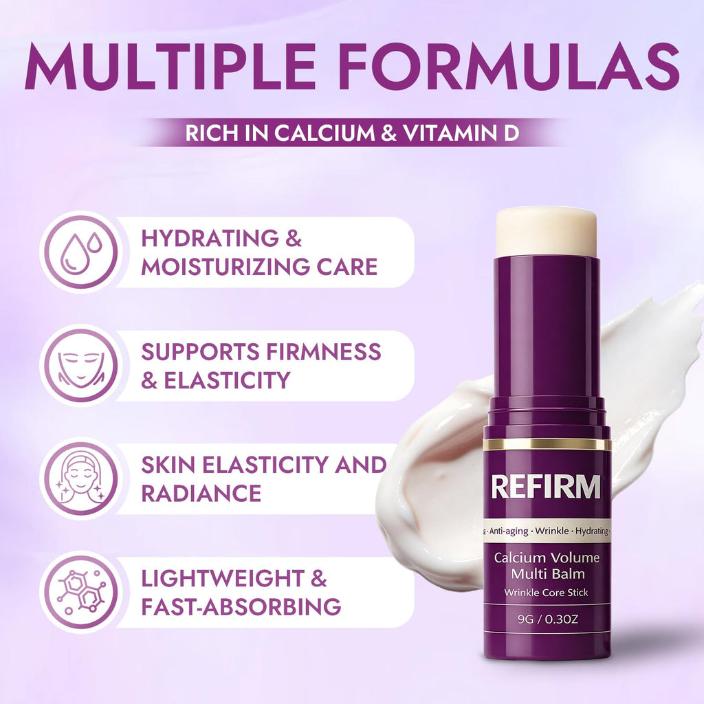 Refirm Calcium Multi Balm Stick – with Collagen, Hyaluronic Acid & Vitamin E, Hydrating & Smoothing Face Balm, Moisturizing Wrinkle Care Stick for Lips, Eyes & Neck, Portable Skincare