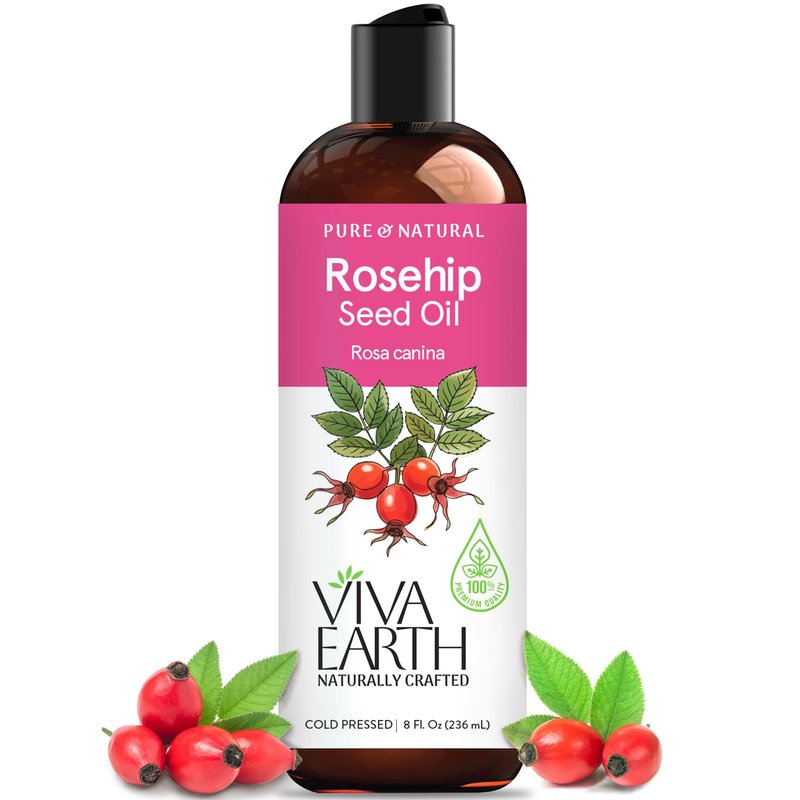 Viva Earth Rosehip Oil – 100% Pure & Natural Cold Pressed Rosehip Oil for Face | Lightweight, Fast-Absorbing | Face & Skin, Hair & Scalp, Gua Sha Massage, for All Skin Types, 8 Fl Oz