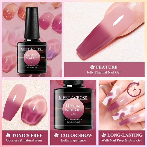 MEET ACROSS Jelly Pink Color Changing Gel Nail Polish Translucent Nude Pink Mood Temperature Change Gel Polish Set White Pink Red Purple Amber Gold Foil Transparent Crystal Gel Nail Polish