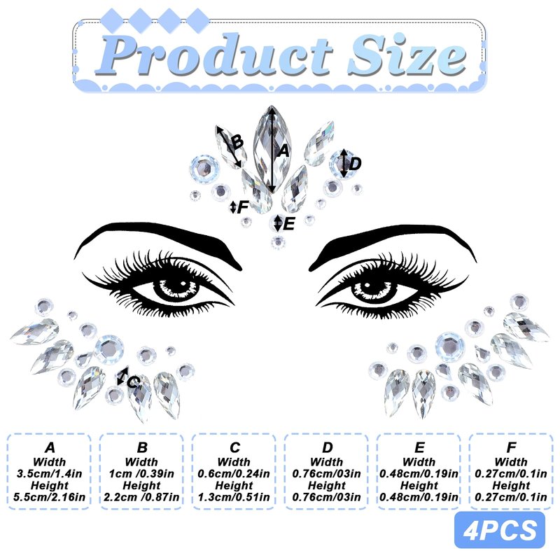 Yuanchu 4 Sets Face Gems for Women, Self-Adhesive Glitter Freckles Face Jewels Temporary Tattoo Eye Face Gems Stickers on Rave Festival Party Gift Mermaid Rainbow Face Gem Halloween Makeup Dress-up
