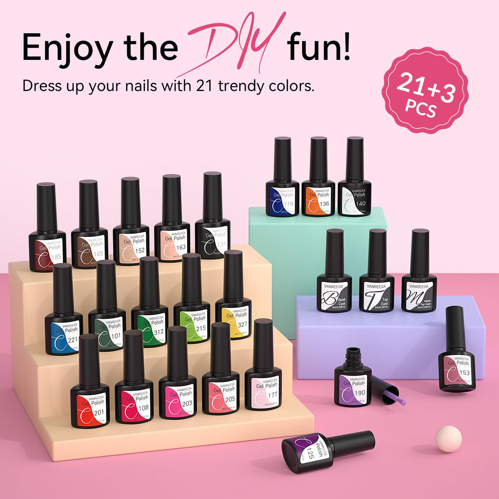VANREESA 24 Pcs Gel Nail Polish Set - 21 Colors, Base Coat, Glossy & Matte Top Coat with Gel Polish Kit - Pink, Red, Orange, Green, Blue, Purple - Gifts for Women & Girls