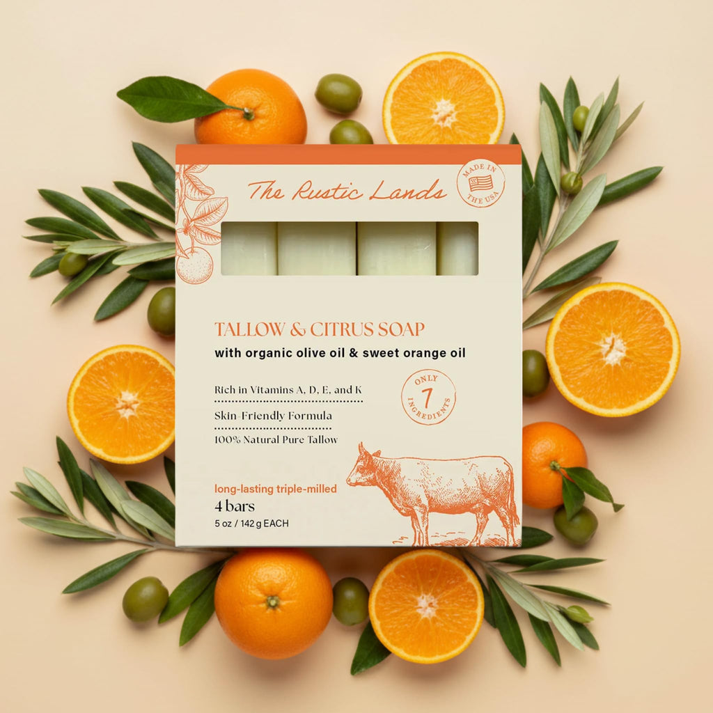 THE RUSTIC LANDS Beef Tallow Soap Bars – Natural Moisturizing Bar Soap with Citrus Scent – Gentle Soap for Sensitive Skin Face & Body – Made in USA – Tallow & Citrus Soap - 4 Pack (5 oz Each)