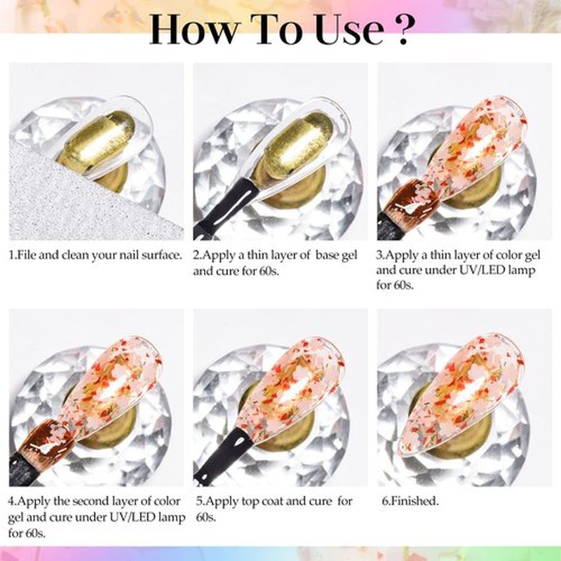 Flower Glitter Gel Nail Polish Set - 6 Pcs Diamond Sequins Style Gold Blue Green Clear Pink Jelly Gel Nail Polish Set with Flower, Crystal Transparent Gel Polish Nail Art Manicure Kit