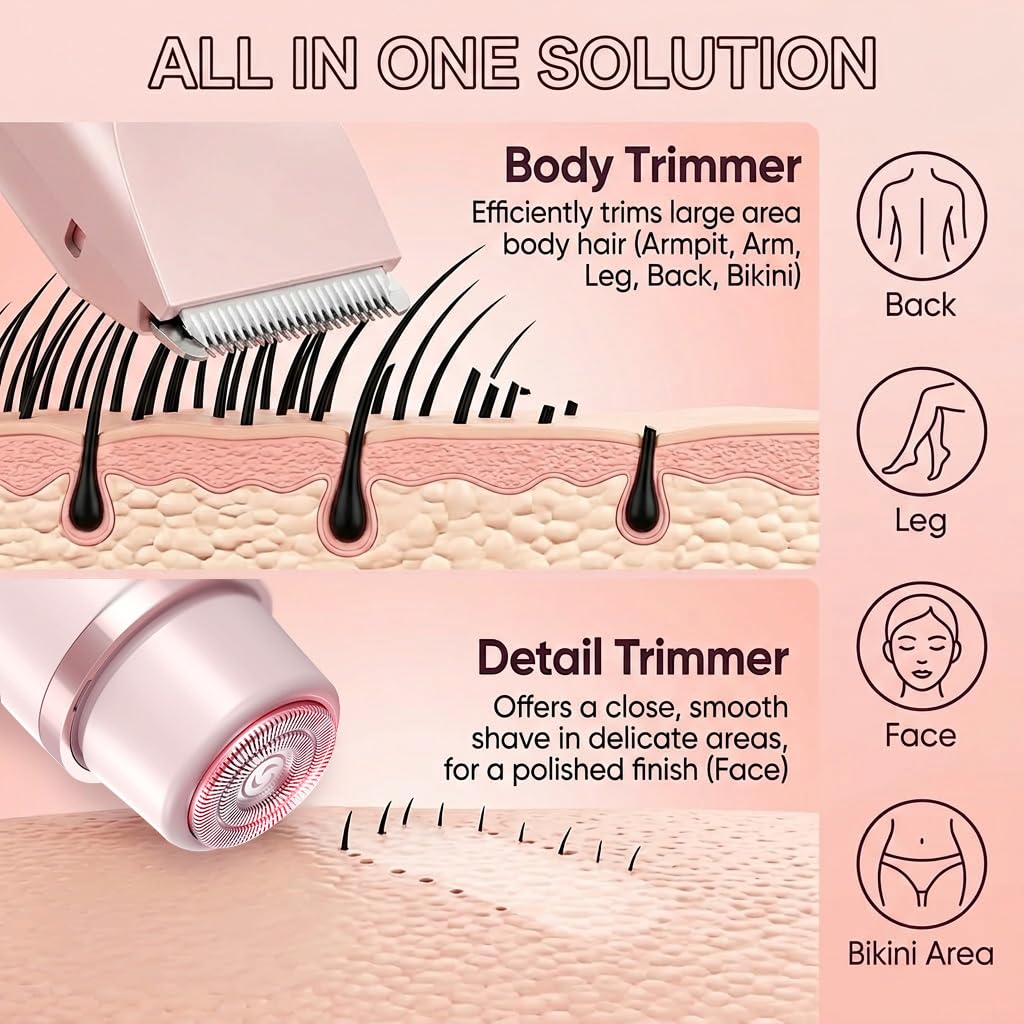 Bikini Trimmer for Women-2 in 1 Dual Head Bikini Shaver & Body Shaver,IPX7 Cordless & Waterproof Electric Shaver Wet & Dry Use,Painless Hair Removal,Ceramic Blade,Ultra Low Silent (Blue)