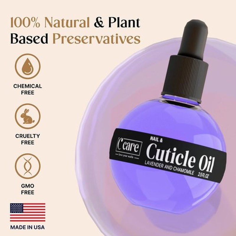 C CARE Cuticle Oil - Lavender & Chamomile Nail Oil for Moisturizing & Strengthening - 2.5 oz Bottle with Dropper & Brush