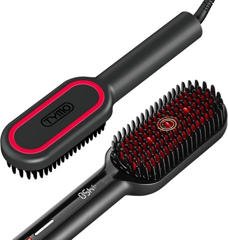 TYMO Hair Straightener Brush - Ionic Plus with 16 Heat Settings | Ceramic Hot Comb for Thick Curly Hair, Black