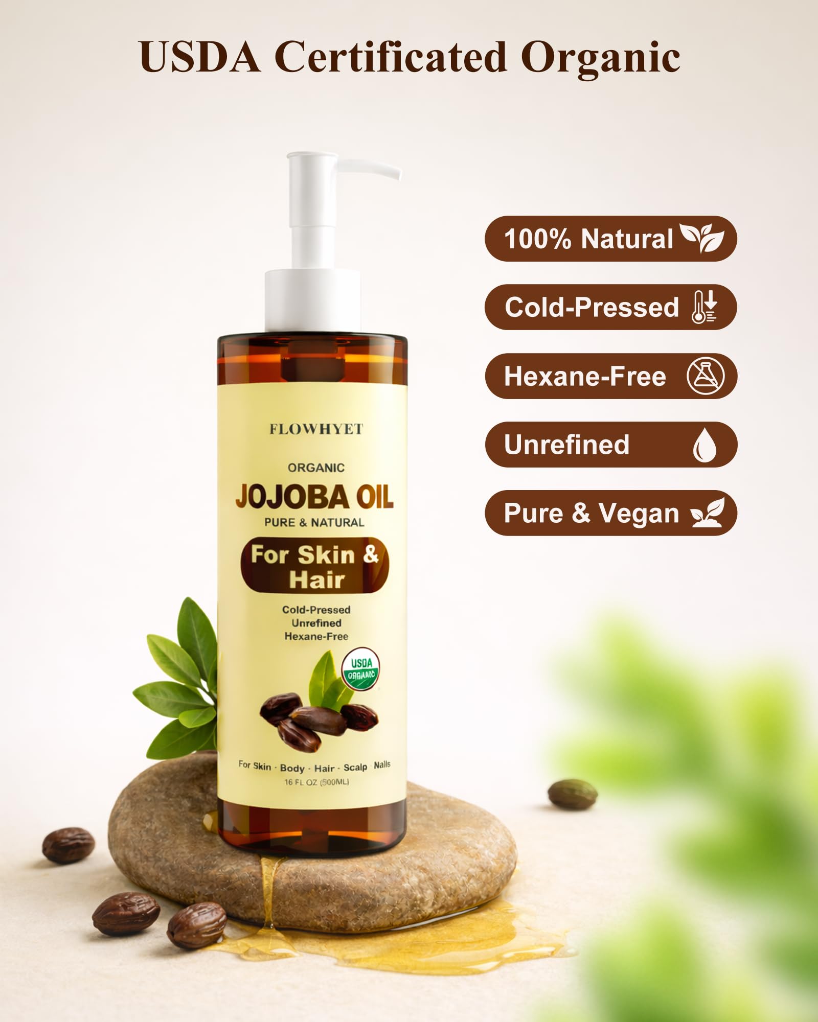 FLOWHYET 16 fl oz Jojoba Oil Organic Cold Pressed, USDA Certified, 100% Pure Jojoba Carrier Oil for Skin, Hair, Face, Body, Scalp & Nails, Unrefined, Hexane-Free