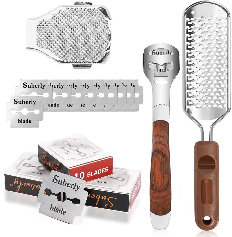 Yihurlm Foot Rasp & Callus Shaver Set,1 Wood Handle Foot Razor with 30 Replacement Slices Blades,1 Foot File Heads,1 Pedicure Feet File,Stainless Steel Feet Care Tools Callus Remover for Feet Hand