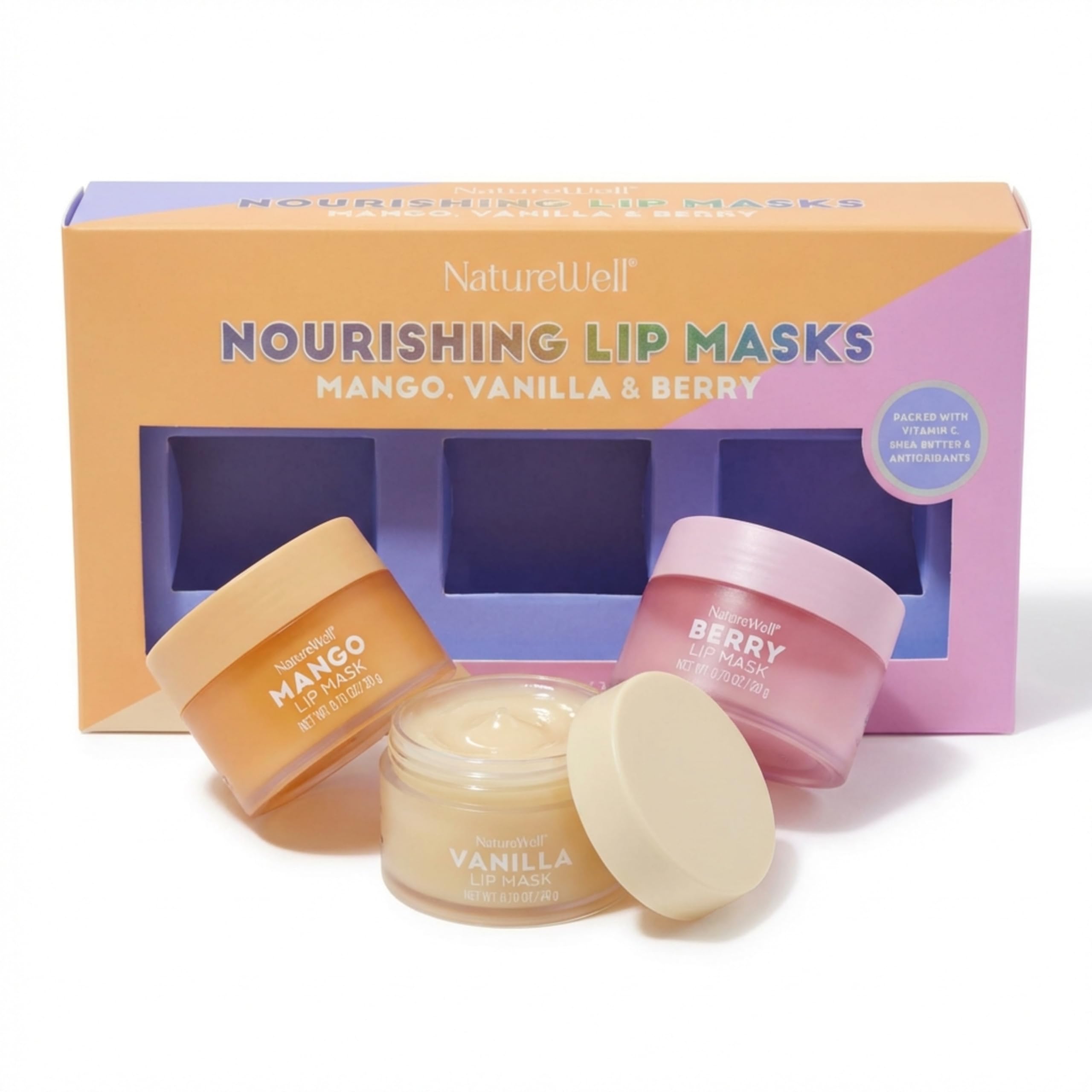 NATURE WELL Hydrating Lip Masks Variety Pack, Includes Mango, Vanilla & Berry Scents, High-Shine, Non-Greasy, Conditioning & Softening, 0.70 Ounce (Pack of 3)
