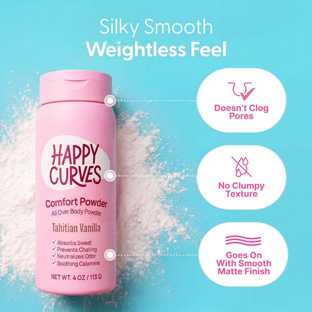 HAPPY CURVES Comfort Powder: Talc Free Anti Chafe Body & Foot Dusting Powder Deodorant for Inner Thigh Chafing, Private Areas, and All Over Body for Women 4oz (Pack of 1), Tahitian Vanilla