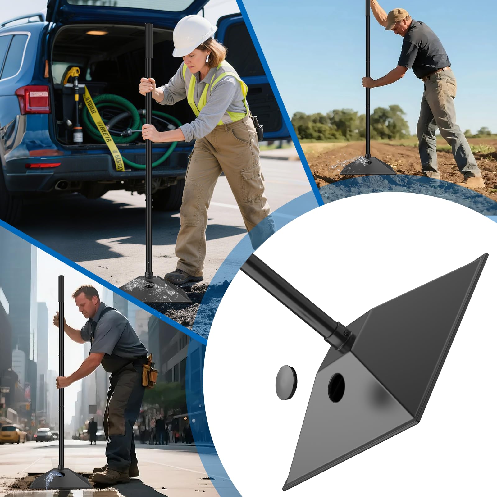 ZXFUTURE New multi purpose steel tamper with water-filled weighting and rubberized handle, 10x10in-57in, 3-section handle for compacting soil gravel asphalt and driveways, garden and landscaping tools