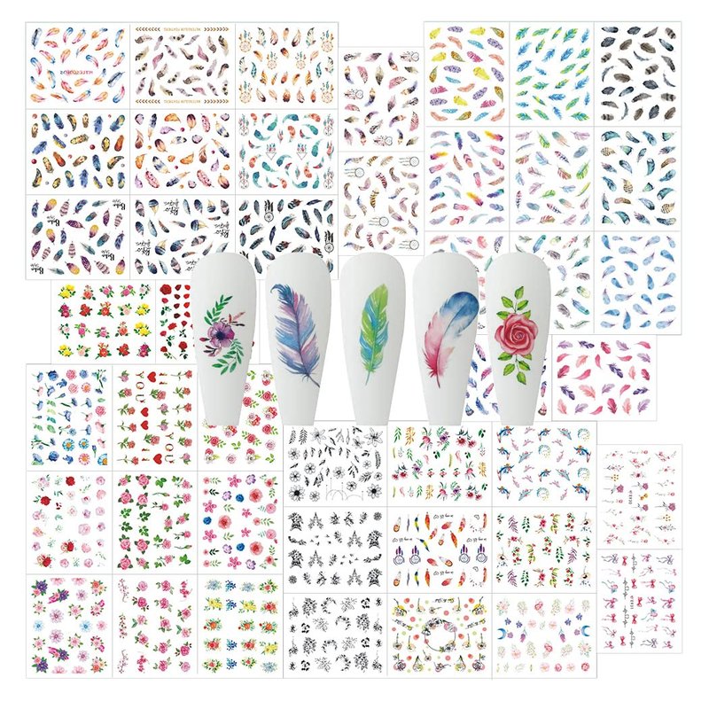 WOKOTO 44 Sheets Feather Nail Art Stickers - 3D Nail Decals with Flowers, Animals - Self-Adhesive Flower Nail Stickers for Women & Girls Acrylic Nails