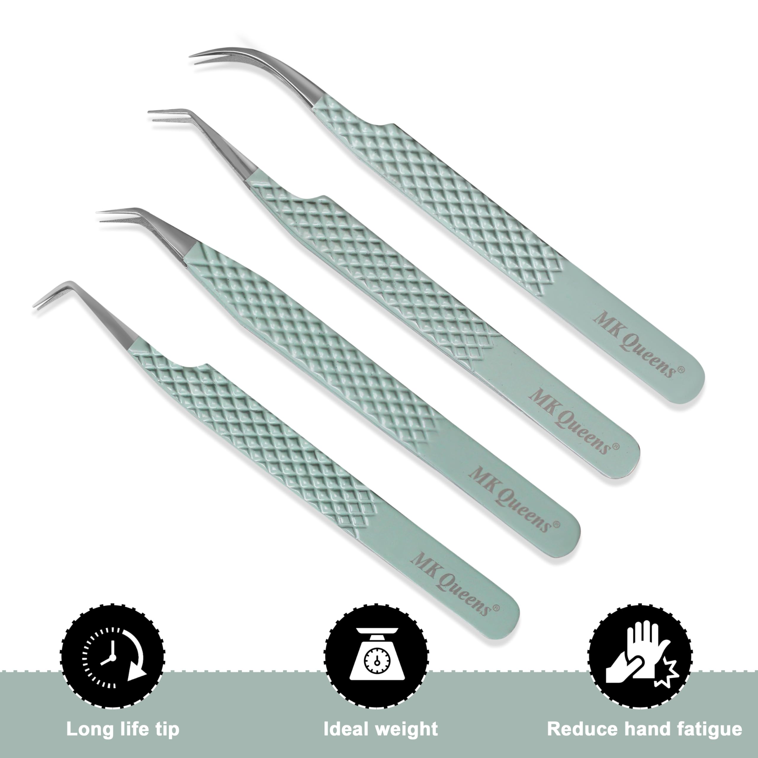 Fiber Tip Lash Tweezers for Eyelash Extensions with Diamond Grip, Set of 4 Precise Tips Japanese Steel for Classic, Volume & Mega Volume Lashes, Ideal Tweezers Set for Lash Artists (4, Light Green)