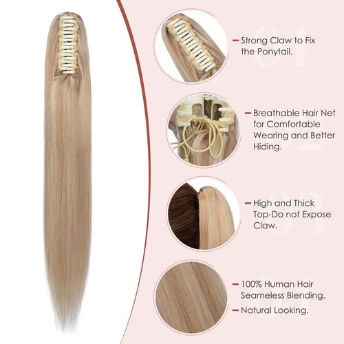 Human Hair Claw Clip Ponytail, Claw Clip Human Hair Ponytail,Effortless Application with Secure Hold,Style in Seconds,Quick Styling Solutions for Busy Lives 18"/113g Gold Blonde Mix Dark Blonde