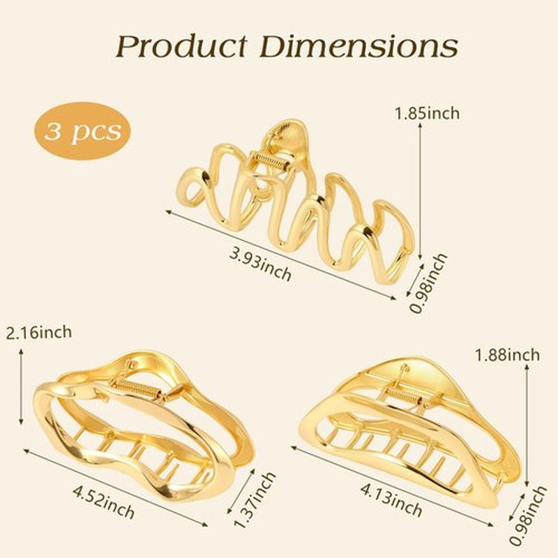 3 PCS Large Gold Metal Hair Claw Clips, Non-Slip Hair Catch Barrette Jaw Clamp Clips for Women Girls, Durable & Elegant French Banana Hair Clips for All Hair Types, Cute Claw Clips