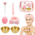 7 Pcs Esthetician Supplies Set for Facials - 2 Gold Facial Bowls, 1 Facial Fan Brushes, 1 Flat Brush, 1 Pink Facial Headbands, 1 Silicone Facial Cleansing Brush, Clear Cosmetic Bag