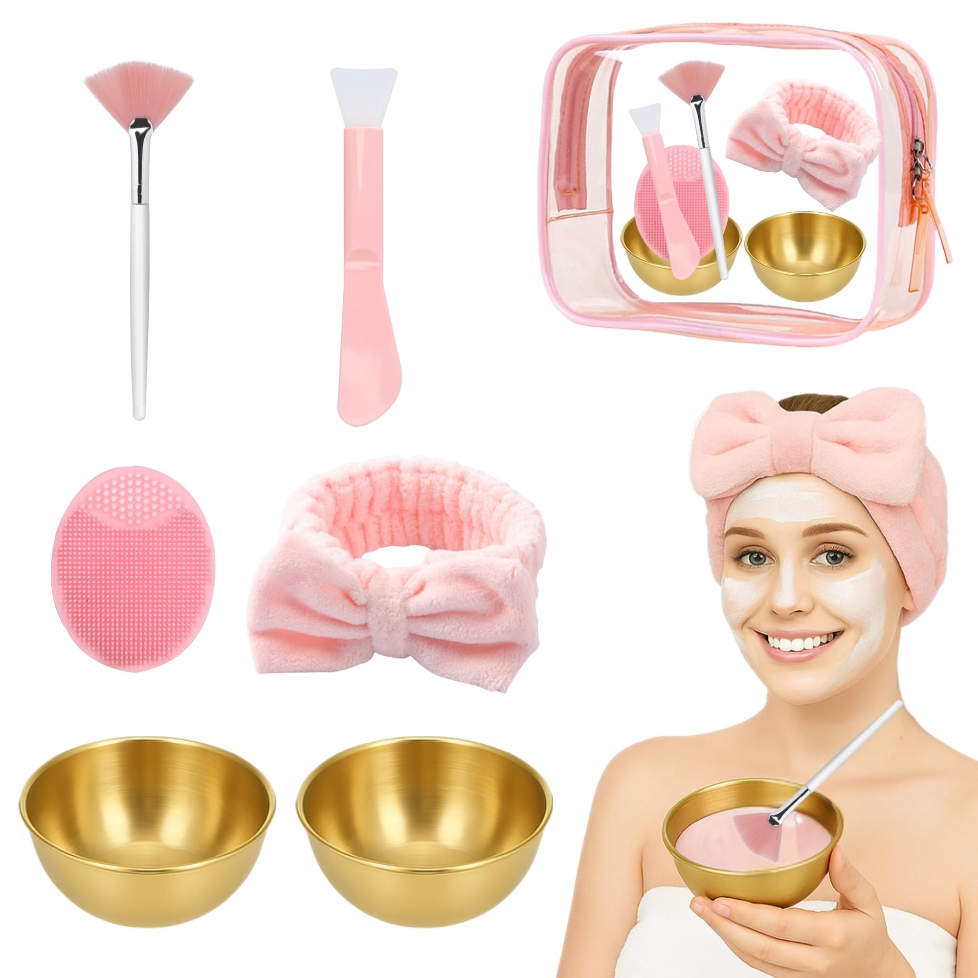 7 Pcs Esthetician Supplies Set for Facials - 2 Gold Facial Bowls, 1 Facial Fan Brushes, 1 Flat Brush, 1 Pink Facial Headbands, 1 Silicone Facial Cleansing Brush, Clear Cosmetic Bag