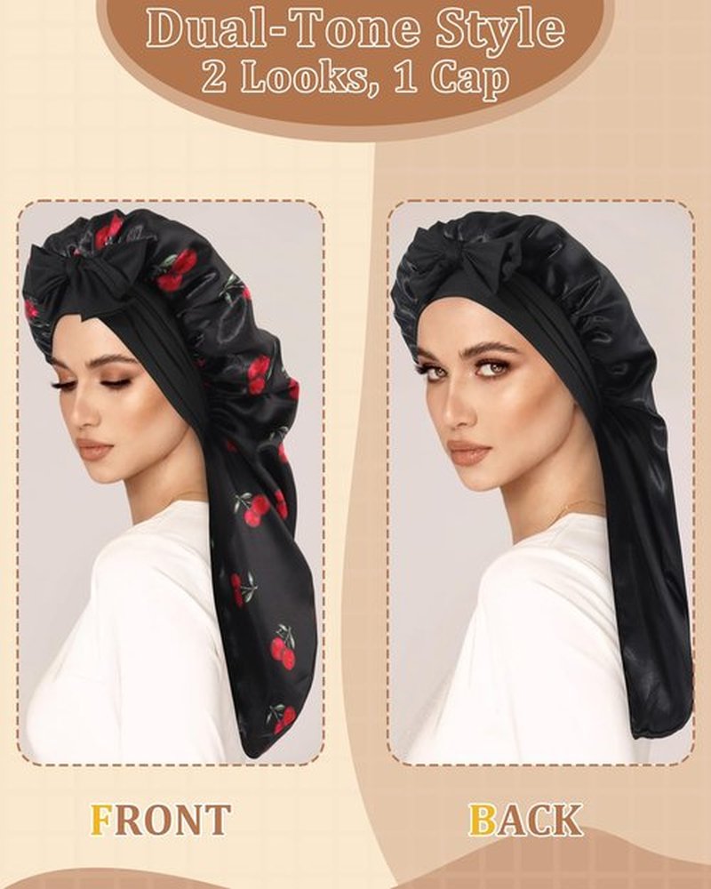 AWAYTR Long Hair Bonnet for Women - Reversible Double Layer Satin Silk Bonnet for Sleeping with Tie Band (Black Cherry+Black)