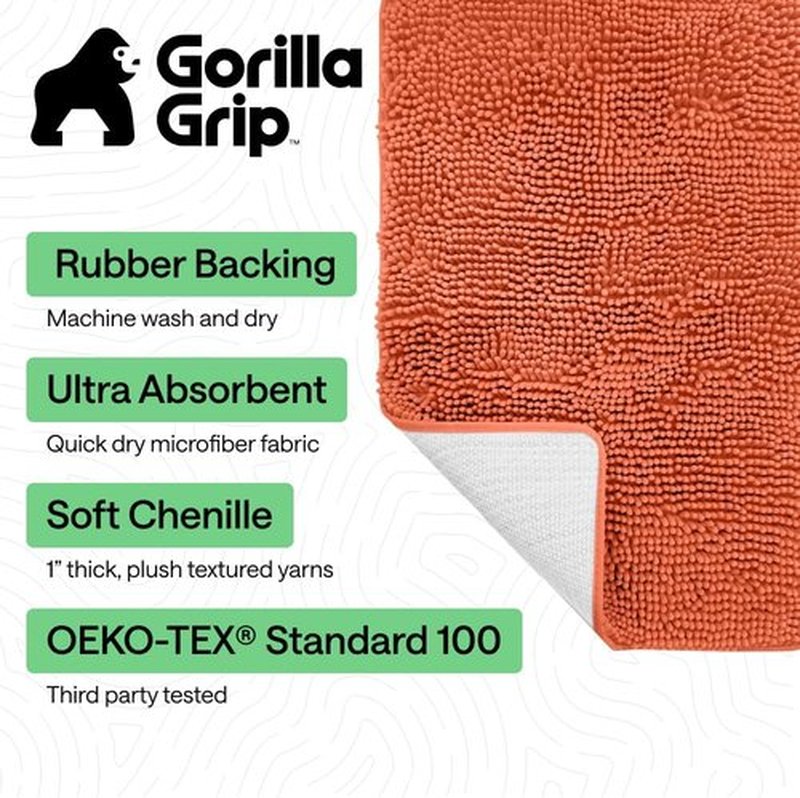 GORILLA GRIP Bath Rug Mat - Thick Soft Absorbent Chenille | Quick Dry Microfiber 60x24 Coral