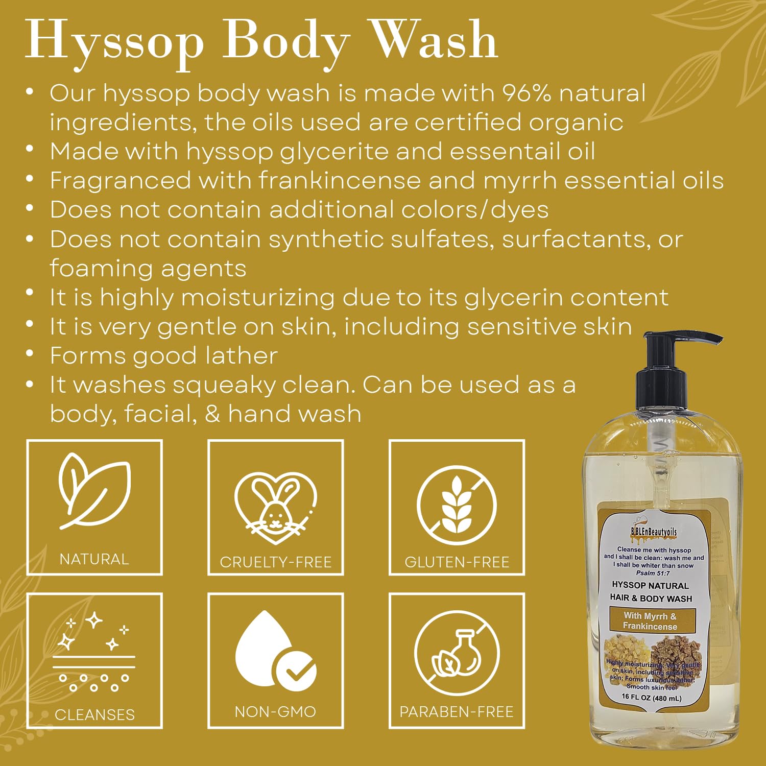 BIBLE N Beautyoils Cleanse Me With Hyssop Natural Hair and Body Wash, Organic Hyssop Infused Shampoo and Body Wash for Nourishing and Refreshing Hair & Body Cleansing