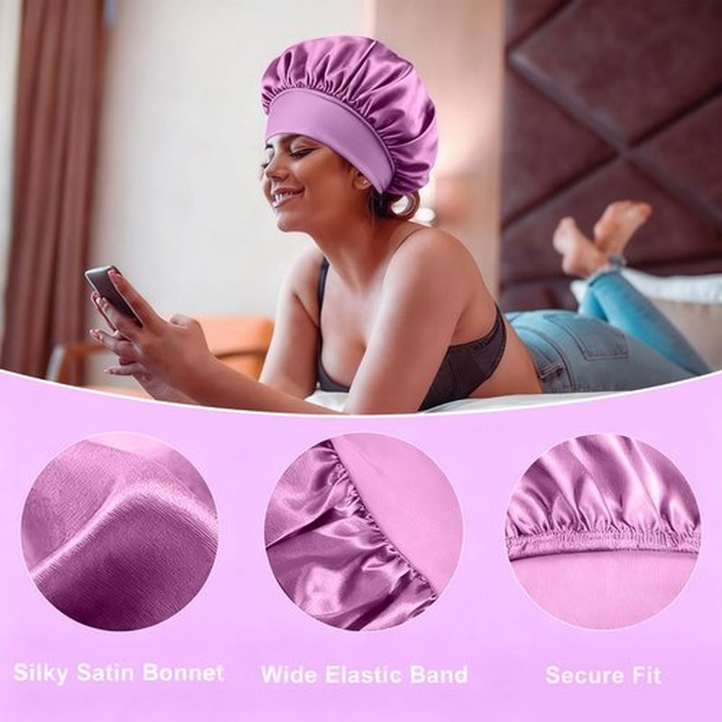4Pcs Silk Satin Bonnets for Sleeping - Elastic Wide Band Wrap for Black Women Men,Silk Bonnets for Curly Hair,Large Hair Cap for Sleeping (Black+Purple+Blue+Green)