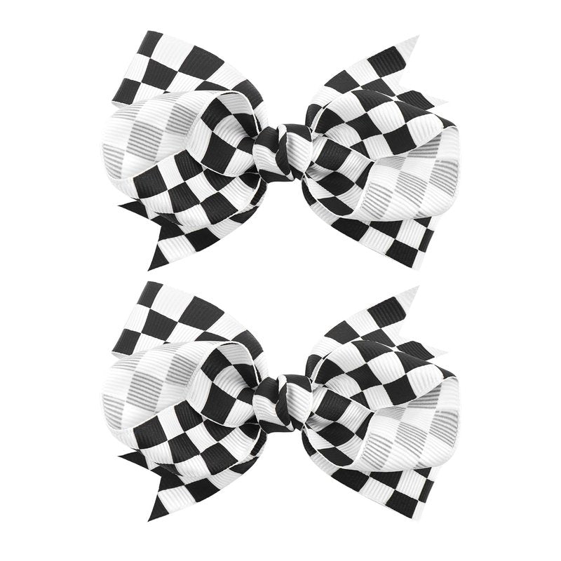 YanJie 2PCS 4'' Checkered Hair Clips Girls Black White Ribbon Hair Accessories Kids Racing Theme Party Game Costume Baby Girl Checkered Outfit
