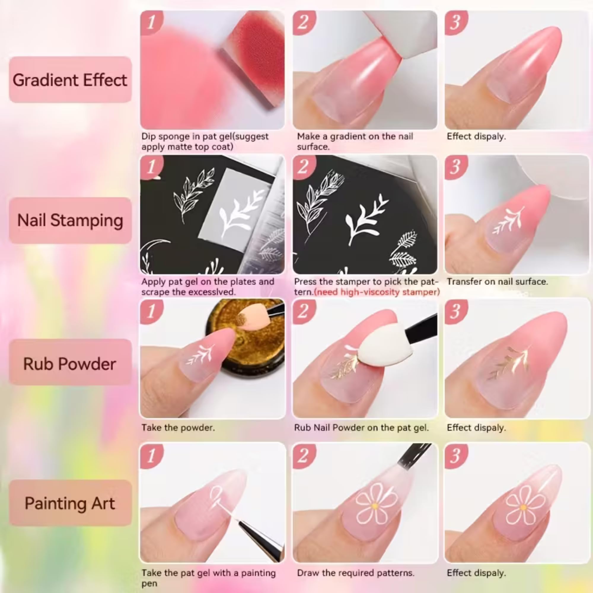 Yaya Nails Pat Pat Gel – Ombre Gradient Nail Kit, 9 Colors Blooming Gel Polish with 100 Sponges & Stickers for French Manicure (Blush & Bronze #2)