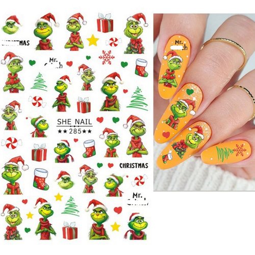 6 Sheets Christmas Nail Art Decals 3D Self-Adhesive Cartoon Xmas Nail Stickers Design WinterXmas Funny Green Monster Nail Decals Christmas Nail Decals Supplies for Women Nail Art DIY Manicure