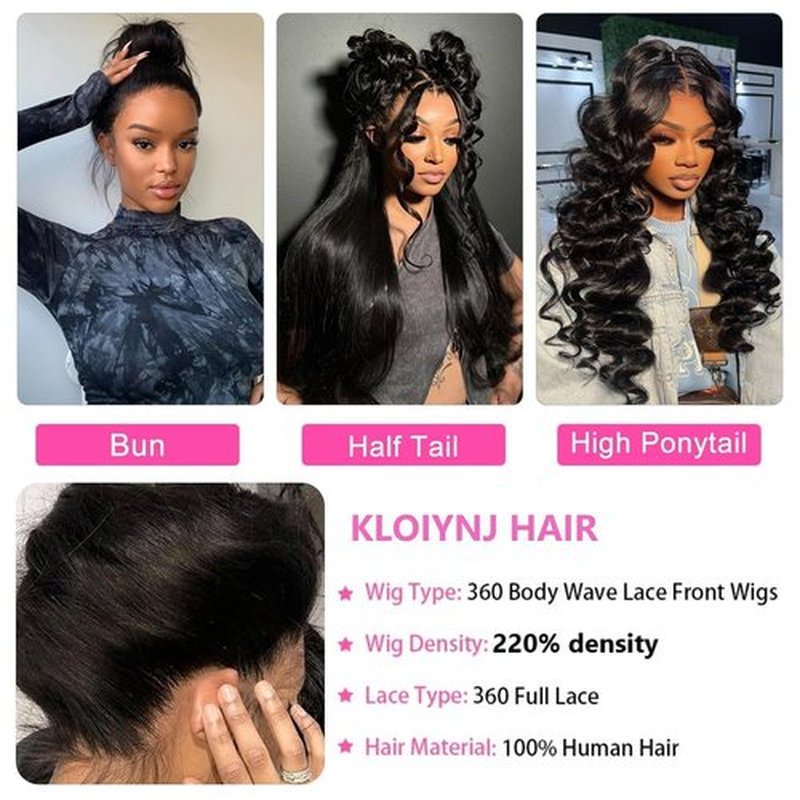 kloiynj 360 Lace Front Wigs - 220% Density Body WaveHD Lace Front Wigs - Brazilian Virgin 16 Inch - Full LaceWigs Pre Plucked with Baby Hair - Natural Color