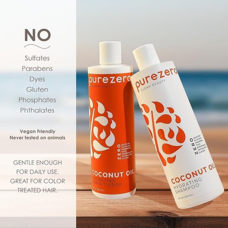 PureZero Coconut Oil Shampoo & Conditioner Set - Vegan Hydrating Formula for Dry or Color-Treated Hair | 2 × 12 oz, Sulfate-Free & Paraben-Free