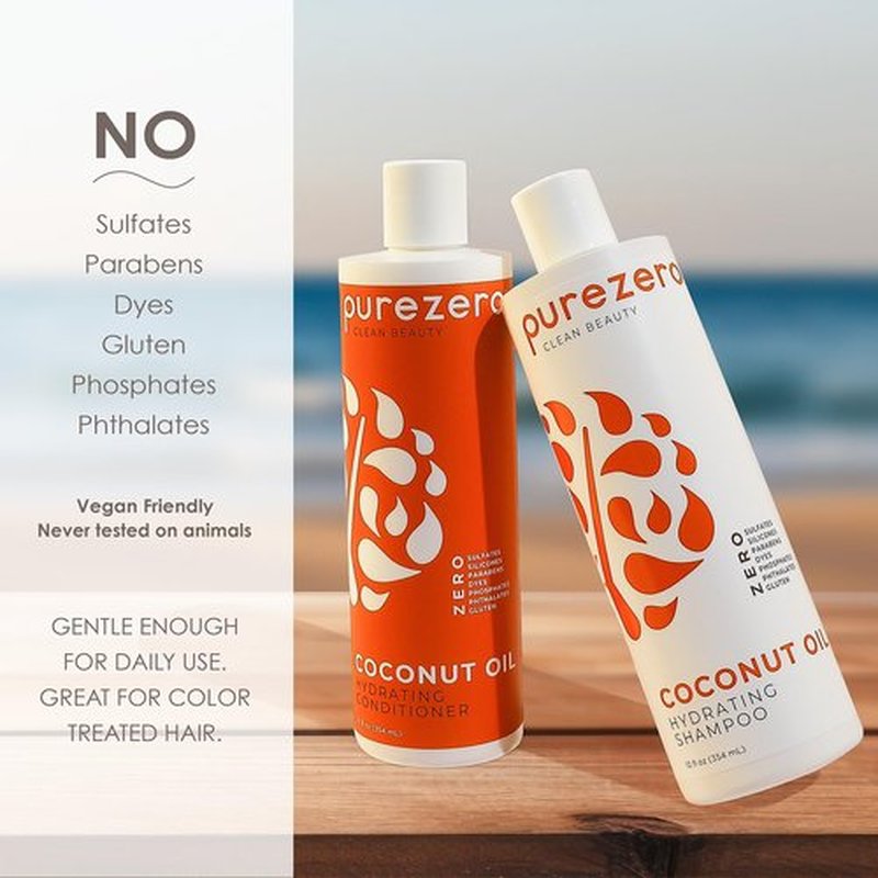 PureZero Coconut Oil Hydrating Silicone Free Shampoo & Conditioner Set – Vegan Formula for Dry or Color-Treated Hair – Deep Moisture, Sulfate-Free, Paraben-Free, Cruelty-Free Hair Care Duo, 2 × 12 oz