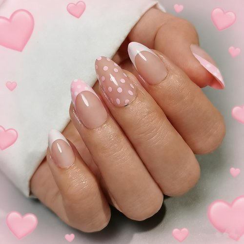 Pink Polka Dot French Tip Short Almond Press on Nails - Glitter Dots Gel Nails Kit, Reusable 32 Pcs with Glue & 16 Sizes for Women, Parties, Daily