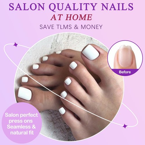 160pc White Press on Toenails Women Fake Toe Nails with Glue Adhesive Tabs, White Fake Toenails Press on Nails Short Square Acrylic Toe Nail Tips False Toenails Feet Artificial Toe Nails Press ons