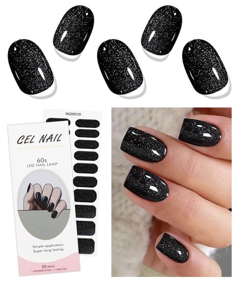 JMEOWIO Gel Nail Stickers Black Glitter Halloween Semi Cured Gel Nail Strips Wraps UV/LED Nails Art Design Decoration Accessories