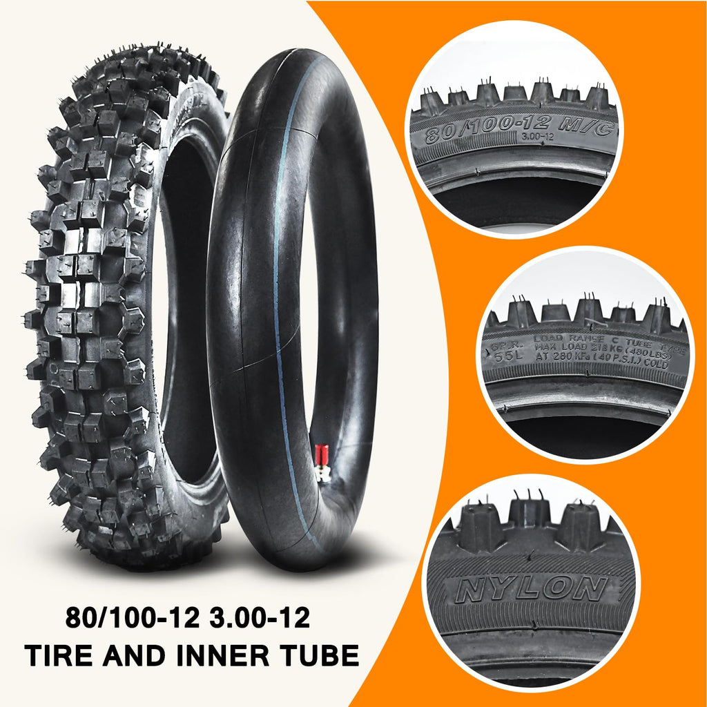 HOLATO Rear 80/100-12 3.00-12 Tire and Inner Tube for 110cc 125cc CRF70 CRF110 XR70 KLX110 TTR90 PW80 RM60 RM65 TaoTao DB14 SSR Apollo Coolster Dirt Pit Bike Motorcycle Off Road Motocross Heavy Duty