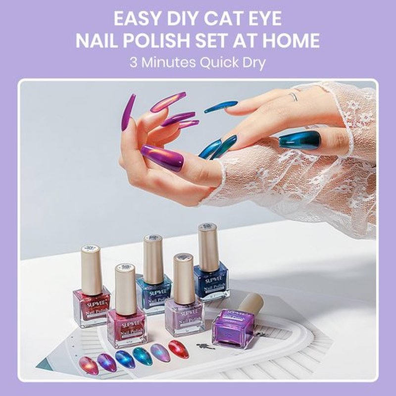 SUPWEE Cat Eye Nail Polish Set, Quick Dry Magnetic Nail Polish Non Gel with Magnet, Multi-Color Holographic Glitter Cateye Nail Lacquer High Glossy DIY Salon Gift for Women Girl