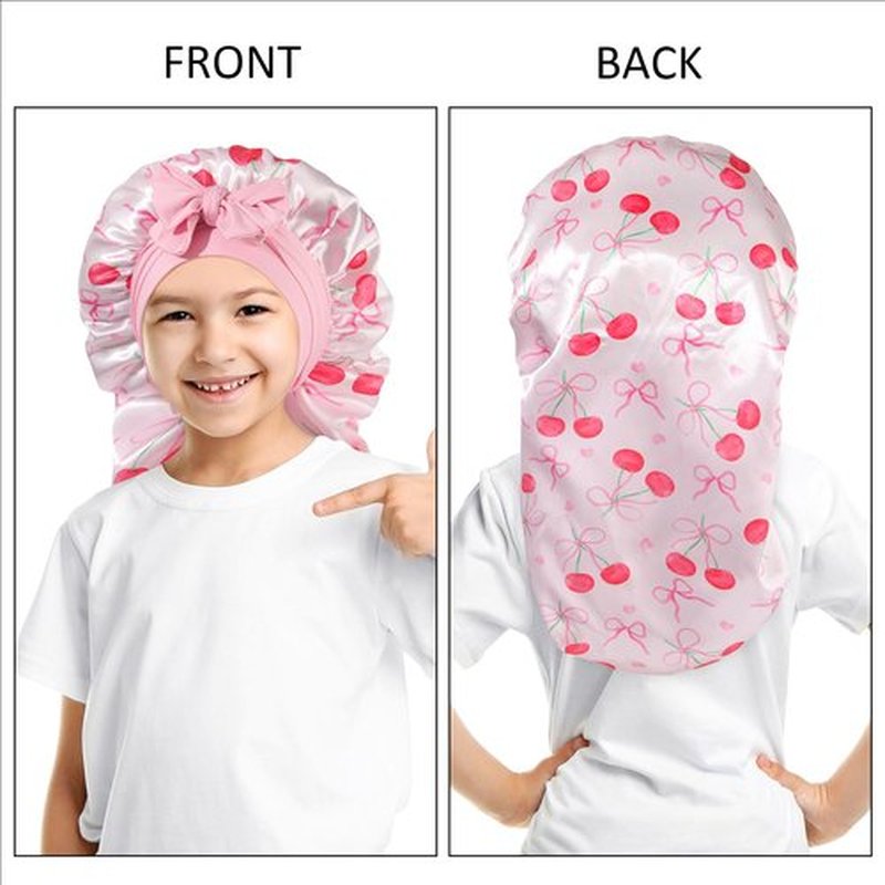 AWAYTR Long Toddler Silk Bonnet for Sleeping Elastic Satin Bonnets for Curly Hair Braid Bonnet Night Cap for Aged 3-12 Kids (Cherry Pink)