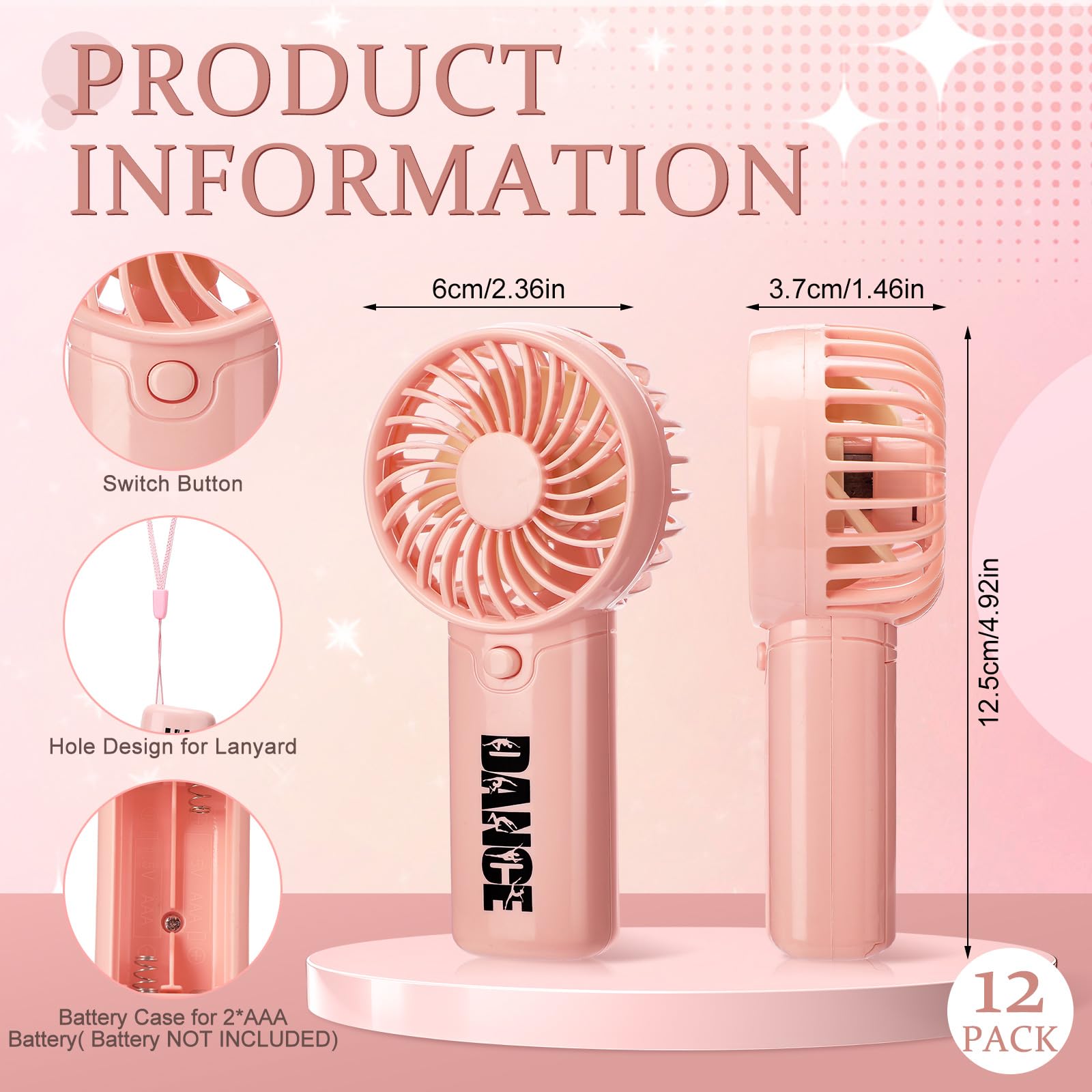 VIHOSE 12 Pcs Dance Mini Portable Fan Bulk Dance Competition Recital Small Personal Handheld Pink Fan with Lanyard for Women Dancer Team Ballet Ballerina Gymnastics Jazz Party Favors Accessories