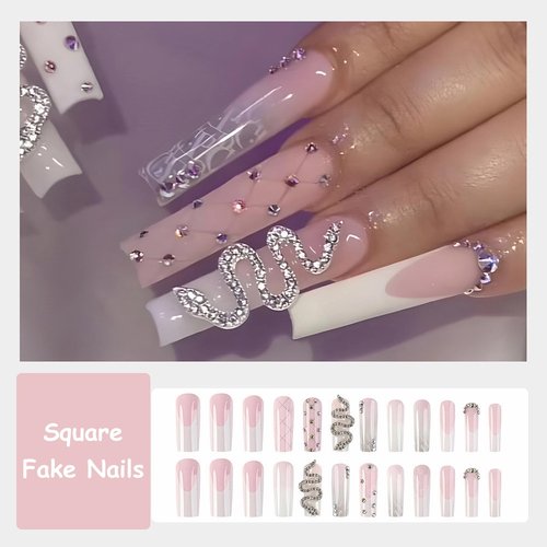 MISUD Press on Nails - Long Square Glue on Nails with French Tip, Acrylic Snake Rhinestone Design 24 pcs