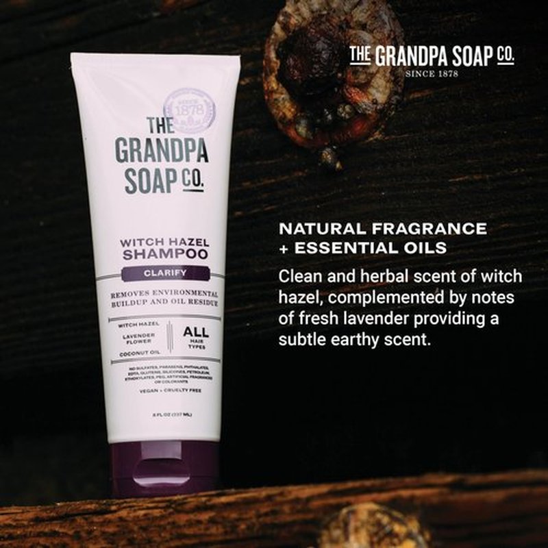 The Grandpa Soap Company Claryfying Witch Hazel Shampoo - Removes Buildup, With Witch Hazel & Lavender Flower, For All Hair Types, Vegan, Sulfates and Parabens Free, 8 Fl Oz 2 Pack