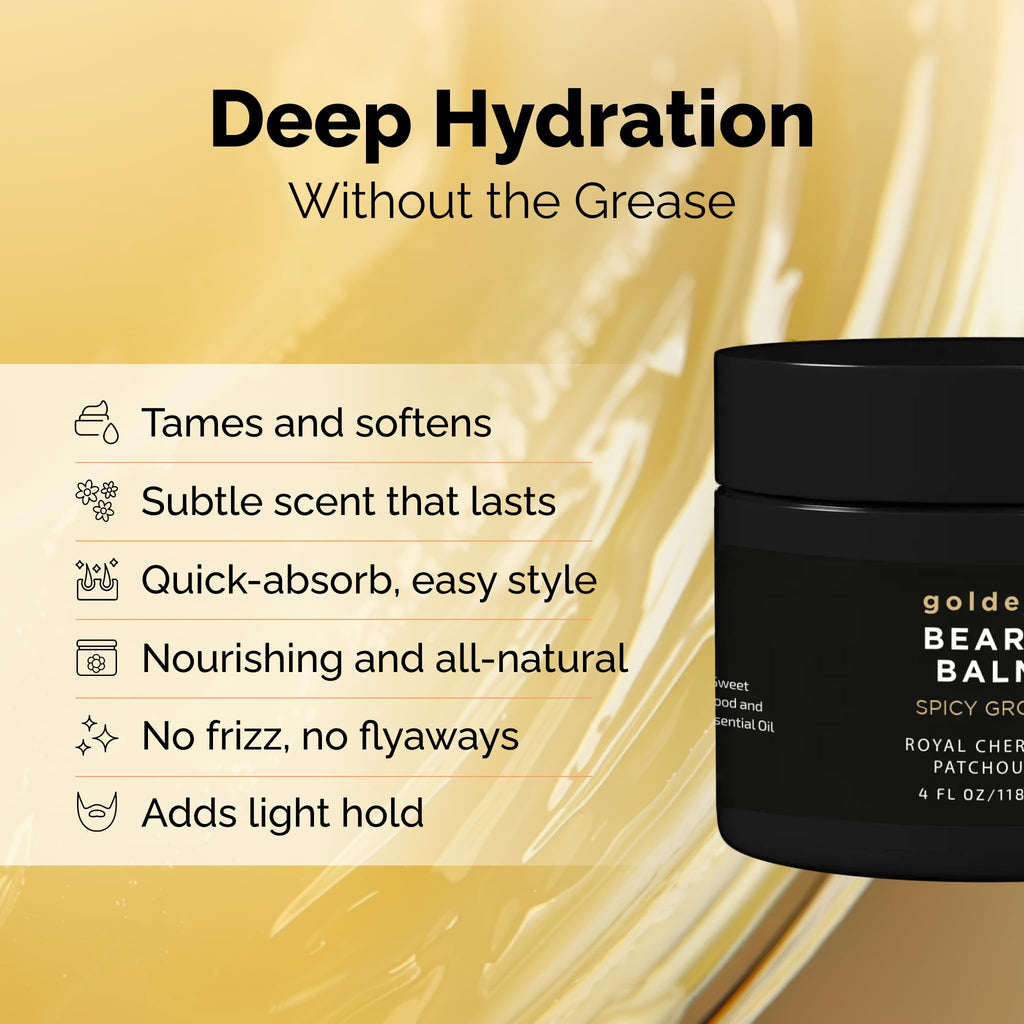 Golden Grooming Beard Balm - Tames Flyaways & Promotes Thicker Growth - Natural Styling Wax with Shea & Mango Butter - Relieves Beard Itch & Dandruff - Spicy Grove, 4oz