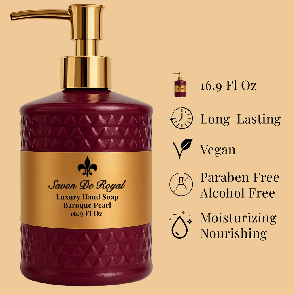 Savon De Royal Luxury Liquid Hand Soap, Jasmine - Vanilla - Sandalwood Scent, Moisturizing Vegan Bathroom Soap for Hand Wash, Gentle & Nourishing Formula, Refillable Bottle 16.9 Fl Oz, Baroque Pearl