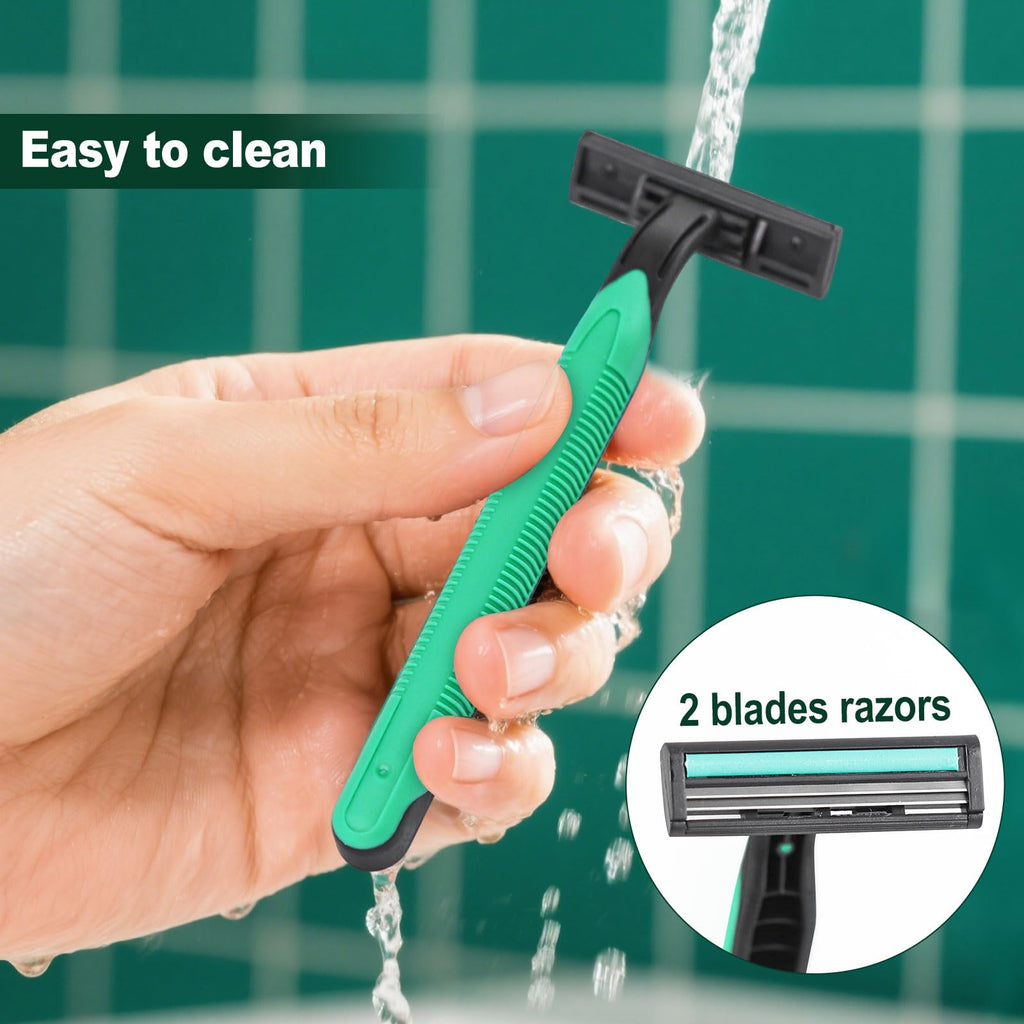 Fafortune Disposable Twin Blade Razors in Bulk, Individually Wrapped - Clear Safety Cap, For Homeless, Hotel, Airbnb, Travel (pack of 200,green)