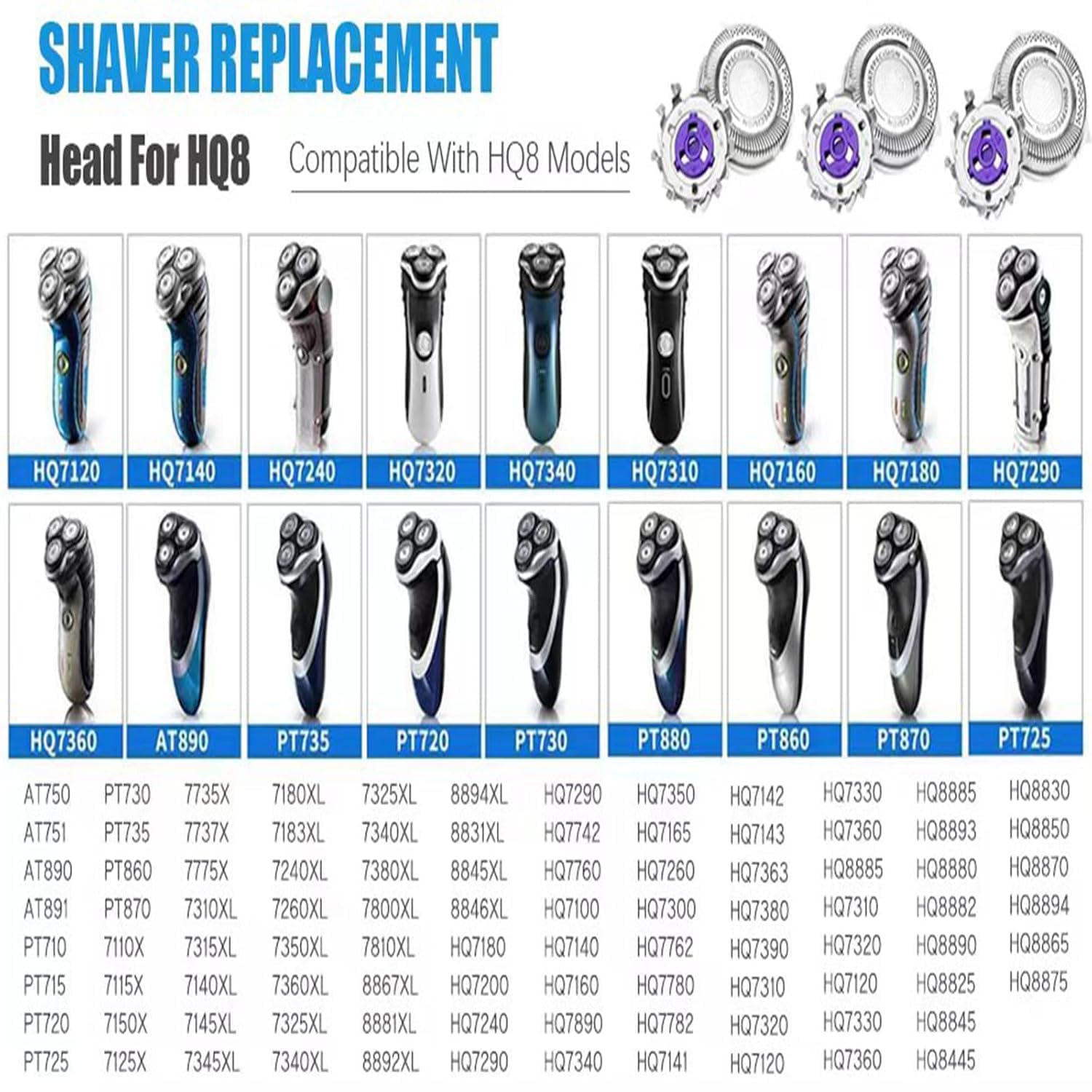 Upgrade HQ8 Replacement Blade for Philipss Norelcos Replacement Razor Blades Aquatec Shavers HQ8 Replacement Razor Blades Compatible with Shavers AT810 AT880 PT720 AT815 HQ8505 Heads, 6PACK