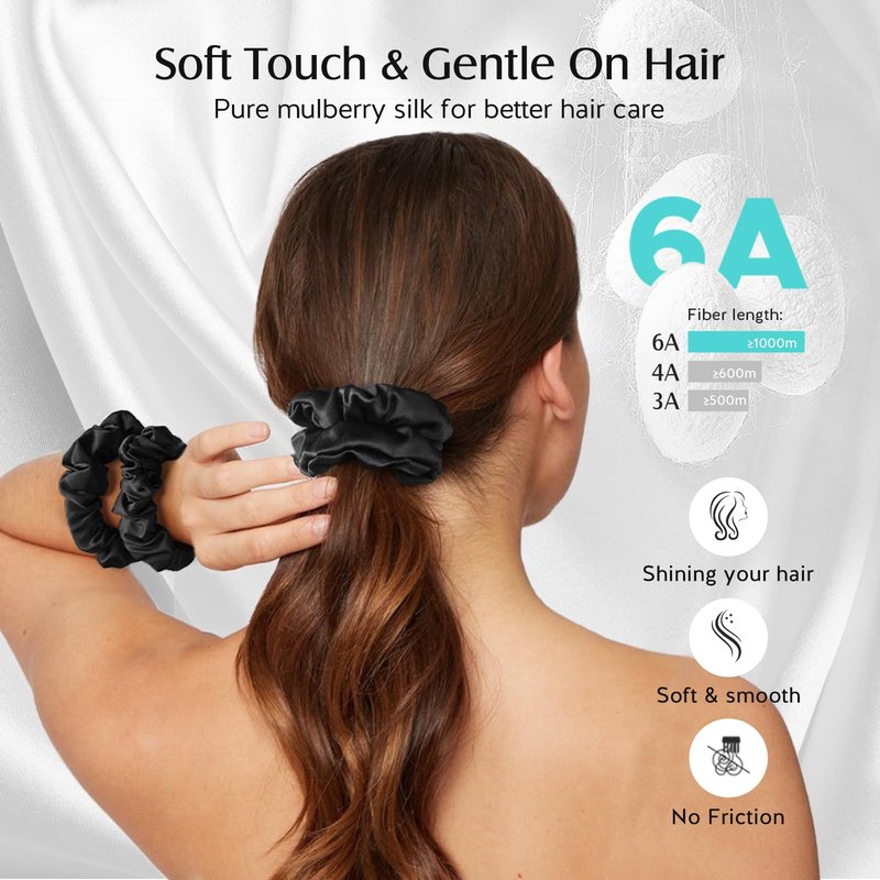 YFONG 3 PCS 100% Silk Scrunchies for Hair Sleep Women Girls, 22 Momme Pure Mulberry Hair Ties for Frizz & Breakage Prevention, Elastic Ponytail Holders Gentle And No hurt (3PCS Black)