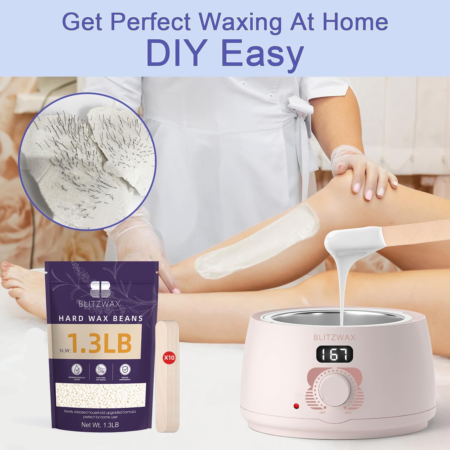 BLITZWAX Hair Removal Hard Wax Beads Unscented 1.3lb Waxing Beans Kit with 10 Wooden Sticks for Sensitive Skin, Face, Back, Body, Brazilian and Coarse Hair, Home Wax Pearls for Men Women, White