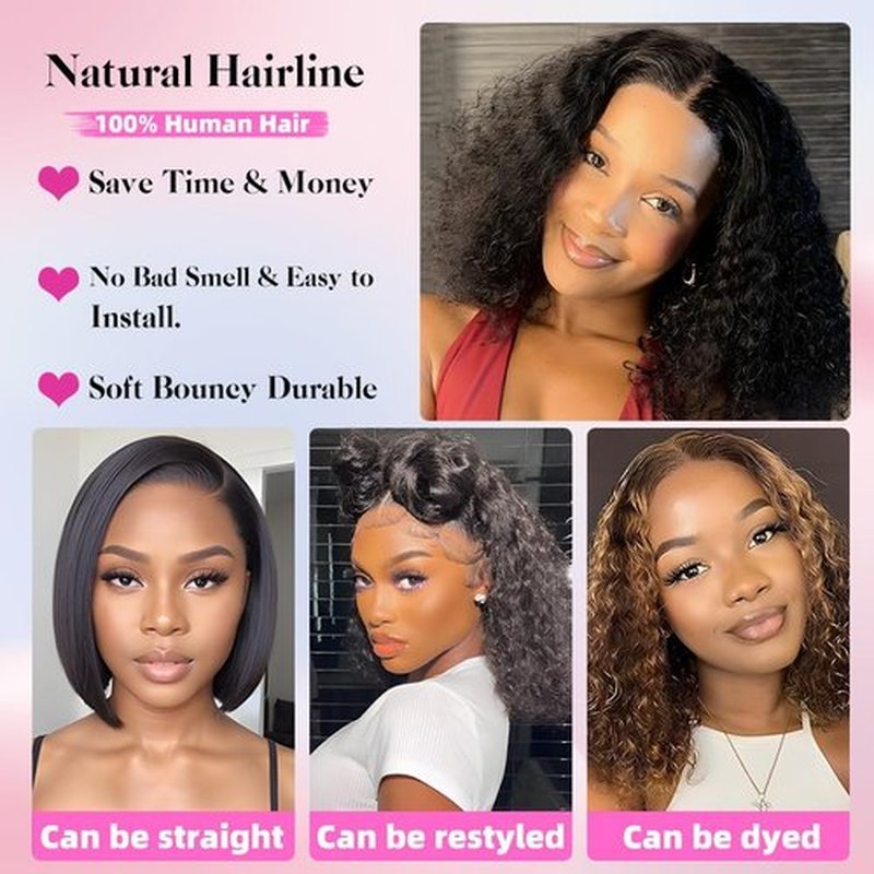 ISWEET HD Glueless Wigs Human Hair Pre Plucked Pre Cut Bob 4x4, 8 Inch Light Brown 210% Density Hairline Curly Bob Wig Human Hair, Wear and Go Deep Wave Lace Front Wigs Human Hair for Black Women