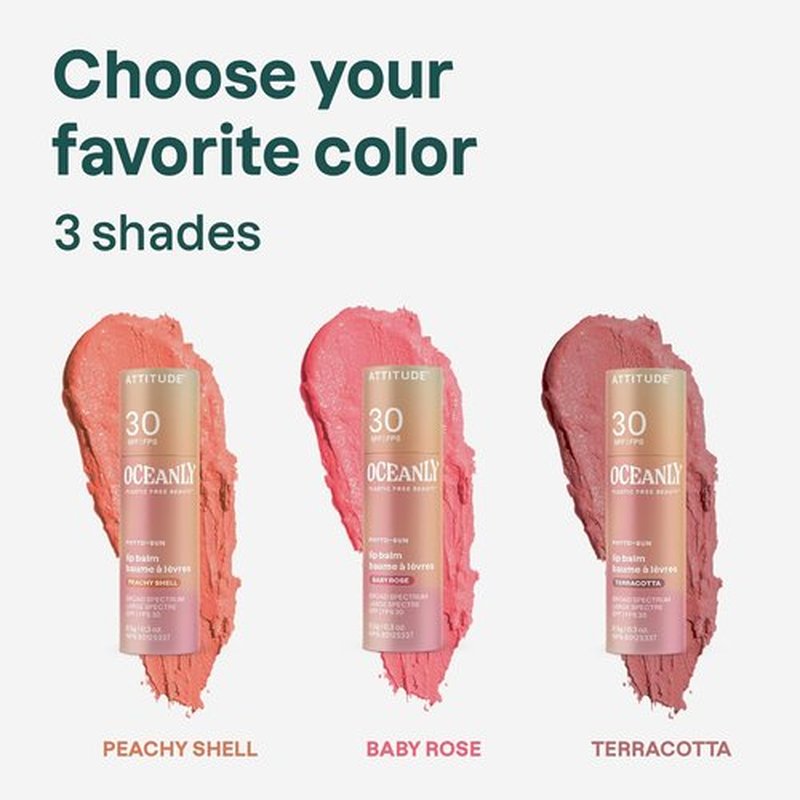 ATTITUDE Oceanly Tinted Lip Balm - SPF 30, EWG Verified, Plastic-Free, Vegan, Baby Rose, 0.3 Ounce